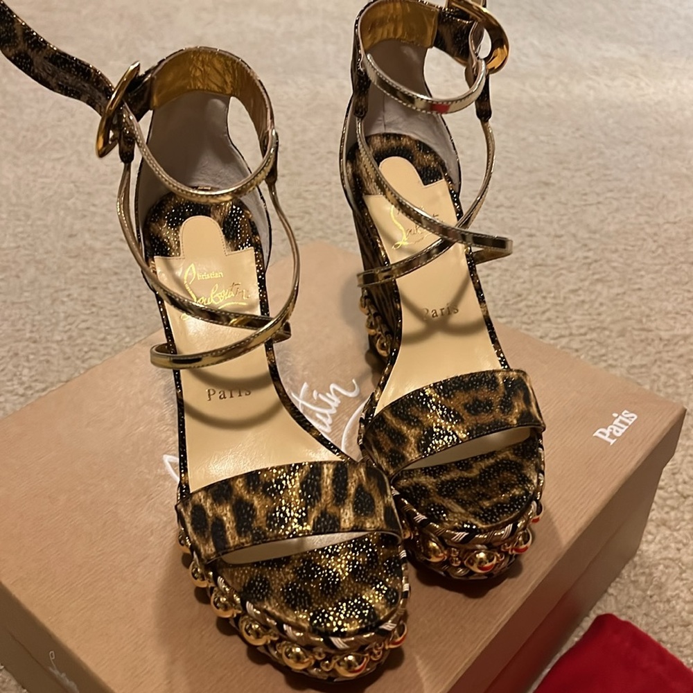 Chocazeppa 120 Lurex Panthere black and gold Christian Louboutin wedge sandals.